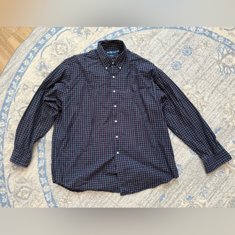 Ralph Lauren Navy Striped Oxford Button Down Polo Long Sleeve Men's Shirt